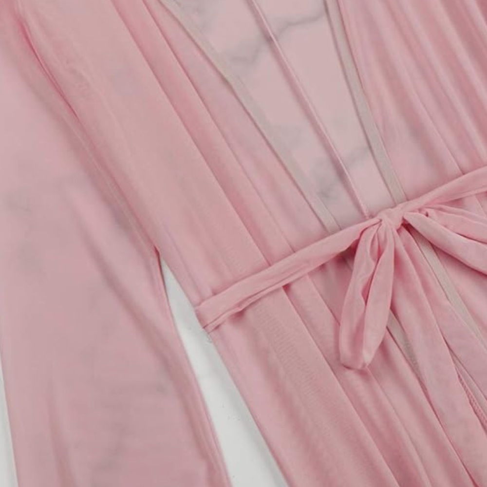Pink sheer long duster Hollywood robe lingerie yacht lounge cover up bikini sexy - Picture 5 of 5
